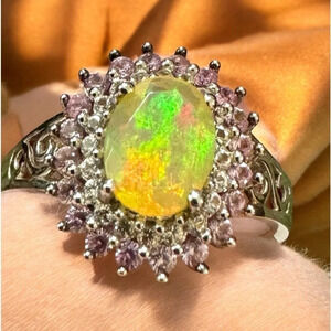 💛Fire Opal🩷Pink Sapphire🤍Topaz Sterling Silver Ring (7)